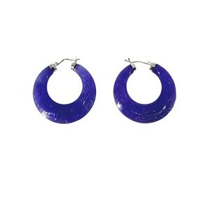 Purple Carved Jadeite Hoop Earrings Sterling Silver Latch Back Statement